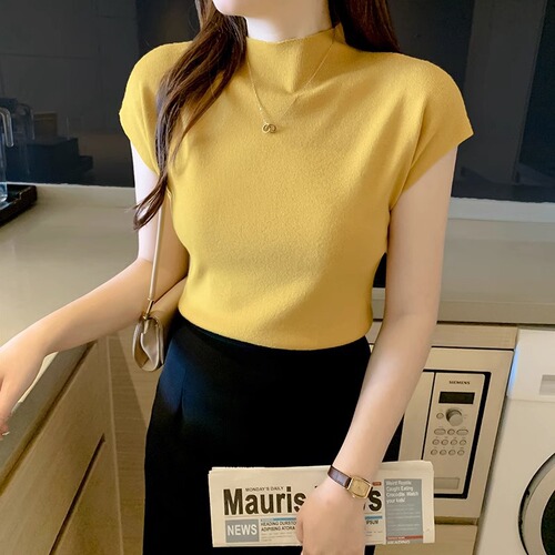 Core yarn spring and summer half-high collar basic top short-sleeve knitted top women's innerwear short batwing sleeve outerwear top