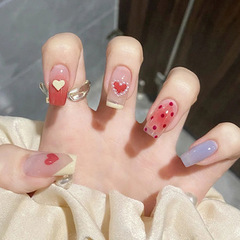 Mid-to-long length bright diamond heart cheek red round points white sweet beauty nail art wear-on nails detachable nail set wholesale