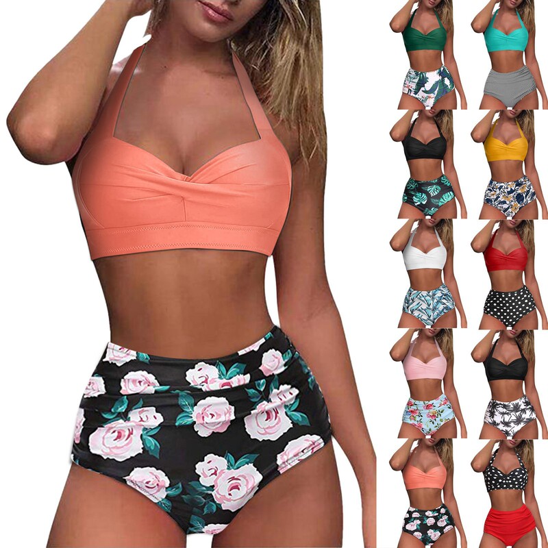 Cross-border 2021 European and American New Bikini Explosions Fashion Sexy Digital Printing High Waist Split Bikini
