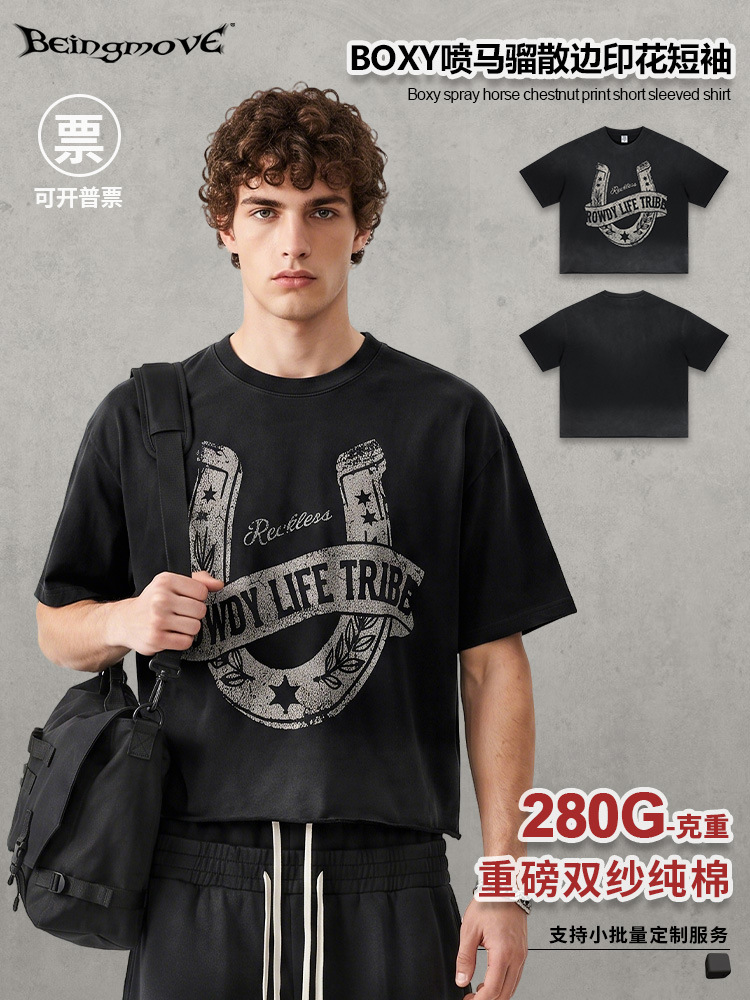 Calle secada| Nuevo estilo americano occidental calles boxy retro de manga corta hacer vieja lavado spray camiseta de impresión de caballo para hombre image 1
