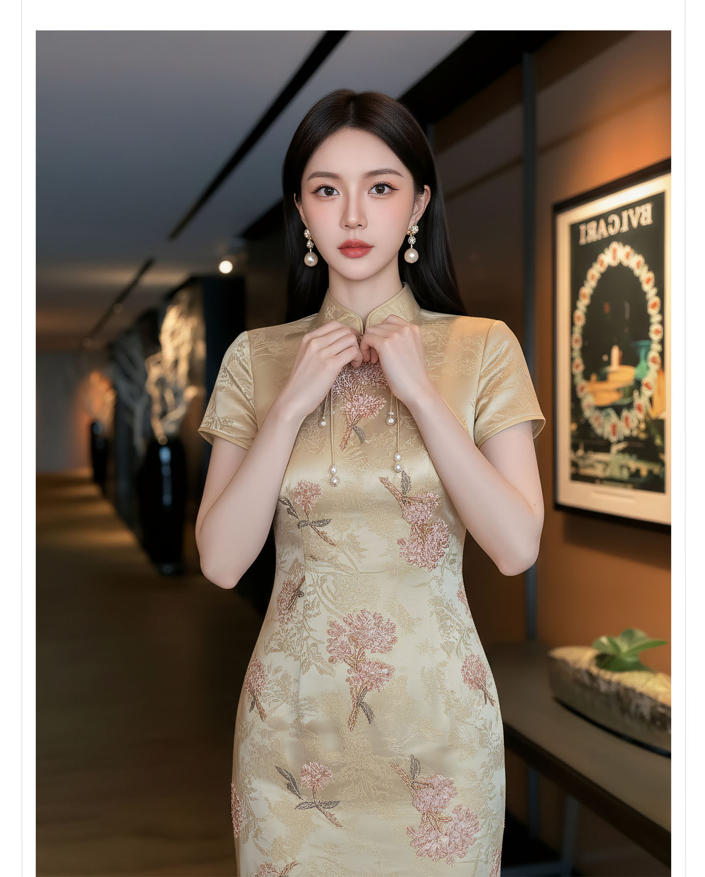 Đầm maxi nữ thêu ren hoa cổ trụ cài khuy, phong cách tân cổ điển — màu vàng chi tiết 2