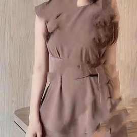 亚马逊跨境2022春夏季新款气质时尚套装修身显瘦纯色两件套批发