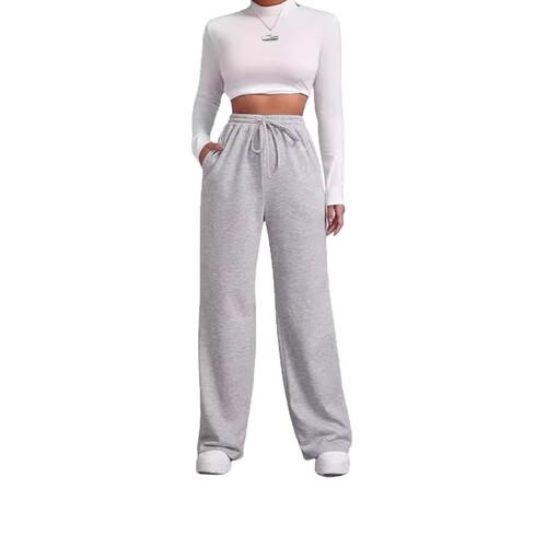 Women's Fall/Winter Fleece Lined Wide Leg Sports Pants High Waist Drawstring Loose Long Pants