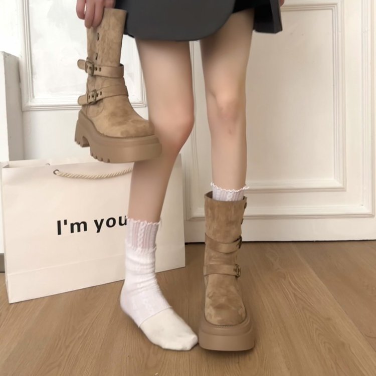 软皮版~短靴女2025新款夏季复古显瘦百搭小个子厚底英伦风瘦瘦靴|undefined