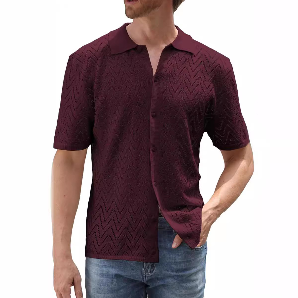 Summer New European And American Casual Knitted Short-sleeve Shirt, Cardigan, Solid Color Hollow Top Men's Clothing_voghion.com