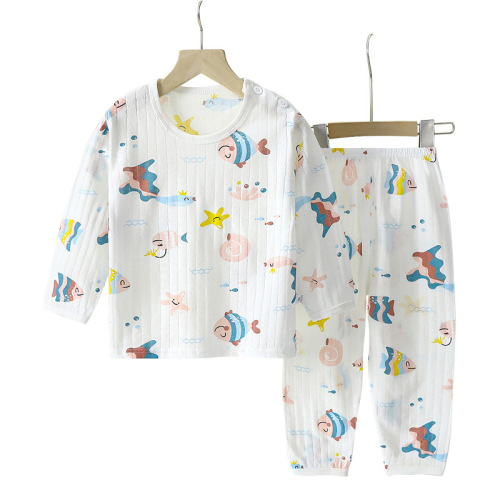 2025 new children's pure cotton home clothing set summer long-sleeved pajamas thin air-conditioning suit for boys and girls