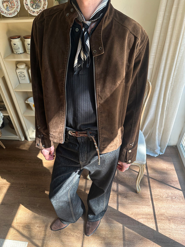 EME男装 25秋冬翻绒皮复古小众高级感Vintage立领拉链夹克外套|undefined