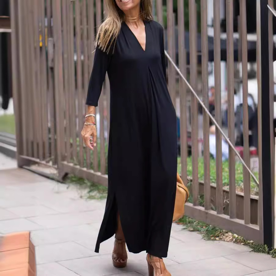 Women's Clothing Women's V-Neck Knitted Long Dress Style Solid Color Three Quarter Sleeve Dress With Slit_voghion.com