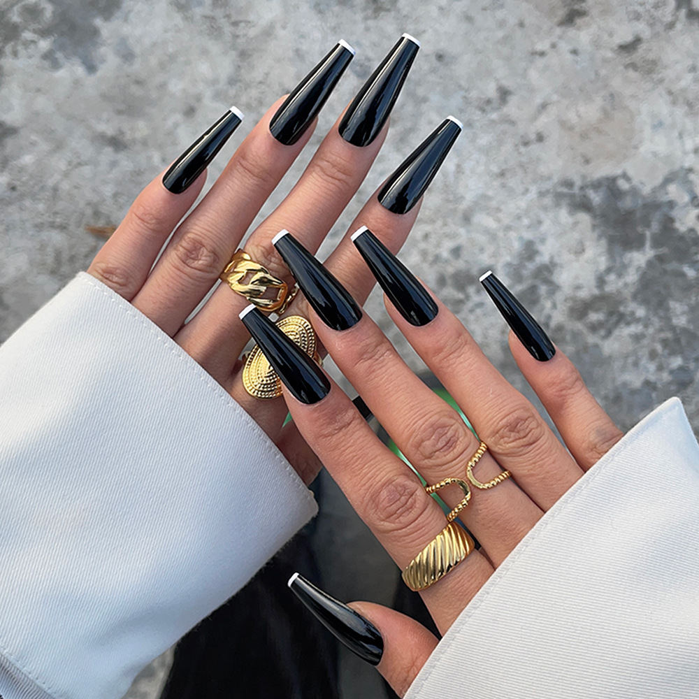 Pegatinas de uñas minimalistas negras con bordes blancos y brillantina, parches de uñas desmontables, diseño de cielo estrellado en degradado. image 3