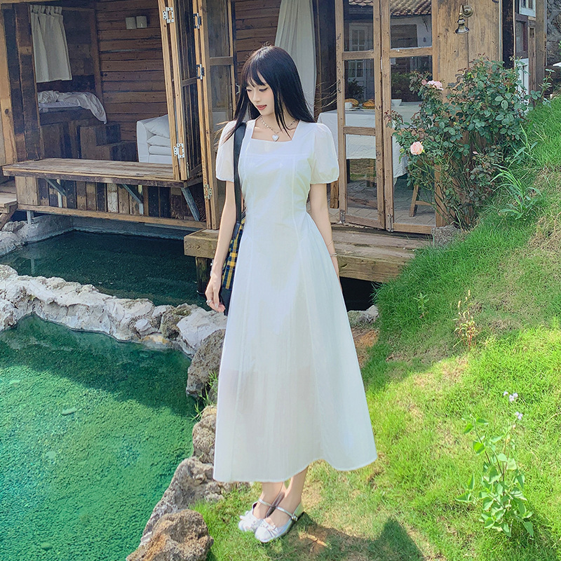 Thirteen Lines Yunheyu White Gentle Style French Puff Sleeve Dress Women's Waist Slimming Long Skirt