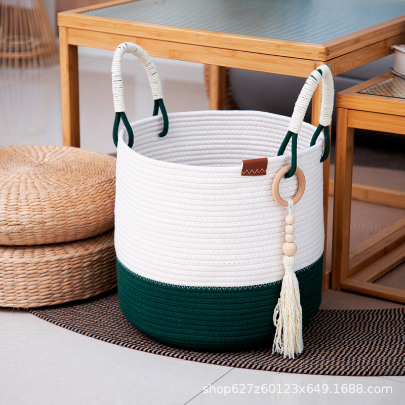 Cesta de almacenamiento tejida con cuerda de algodón, barril de almacenamiento, juguetes de mesa, artículos diversos, canasta de ropa sucia, canasta de lavandería, caja de almacenamiento