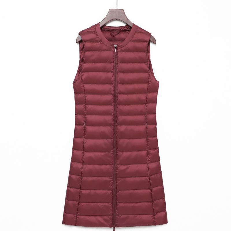 Transfronterizo otoño y invierno nuevo tipo de chaqueta de pluma de mujer ligera media y larga moda coreana con cremallera de cuello redondo calentamiento exterior