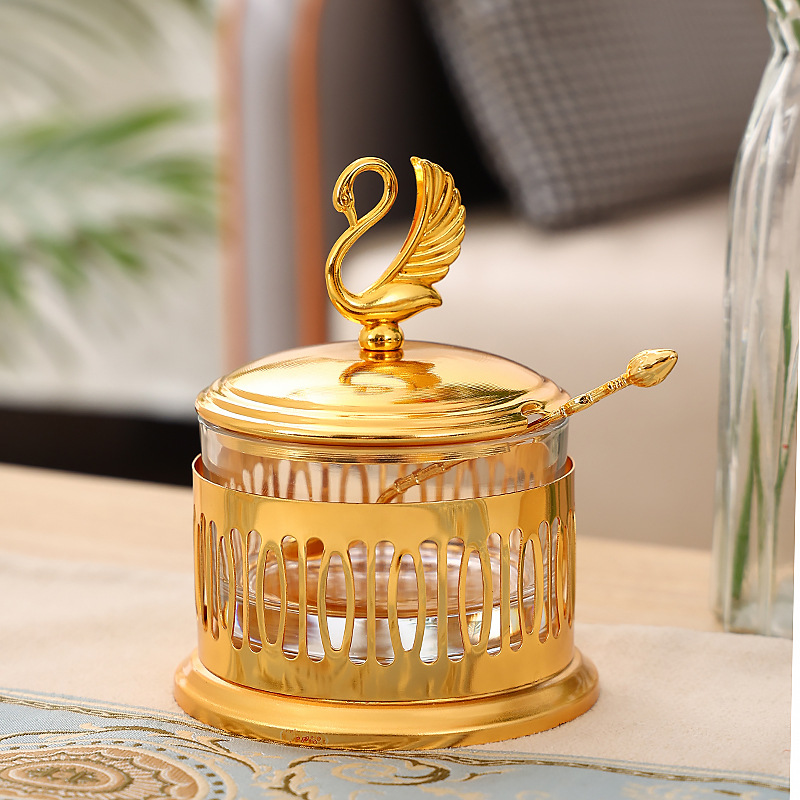 European-style golden glass with lid storage jar coffee table candy jar home kitchen salt seasoning jar sealed storage jar
