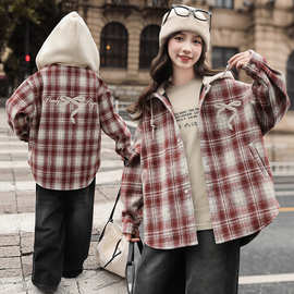 女童2025新款女大童加绒格子衬衫连帽上衣时尚秋冬休闲外套潮