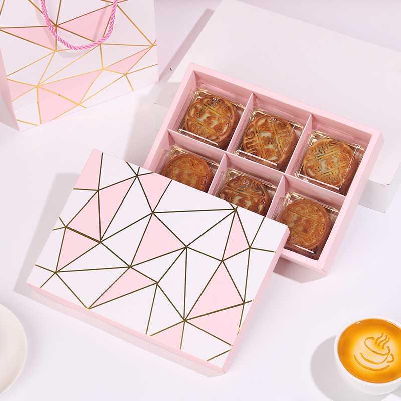 Pink geometric bronzing 6 pieces 80g mooncake box Mid-Autumn egg yolk cake packaging box baked snow meiniang pastry paper box