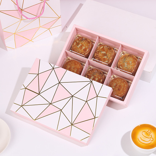 Pink geometric bronzing 6 pieces 80g mooncake box Mid-Autumn egg yolk cake packaging box baked snow meiniang pastry paper box