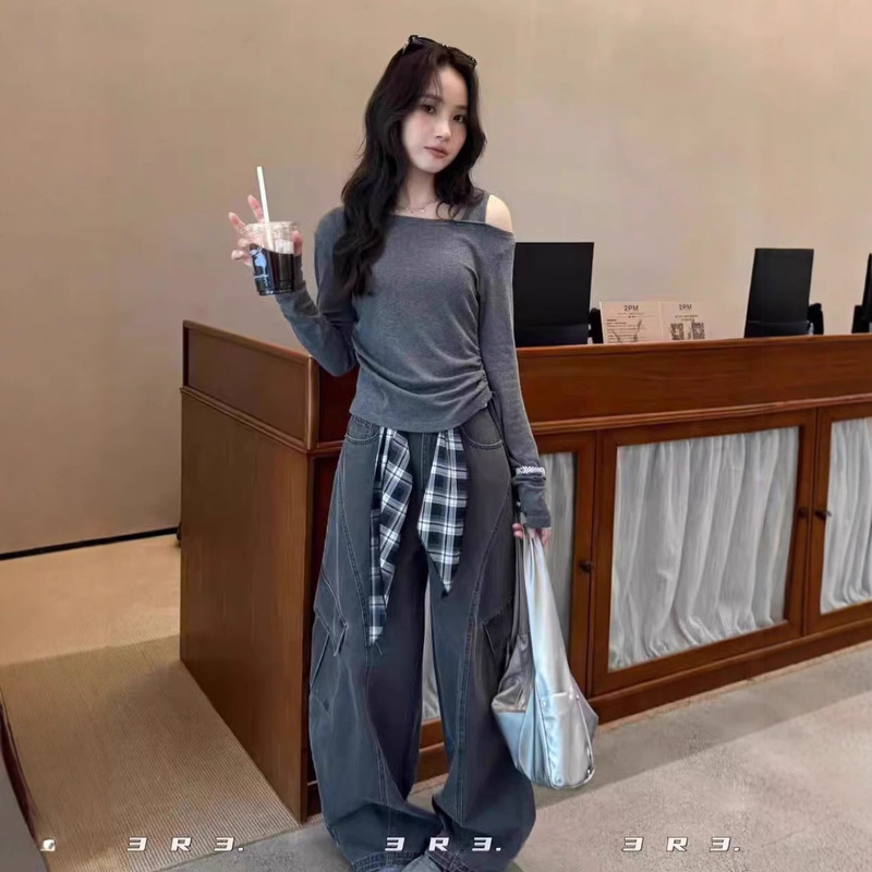 2025秋季新款韩版复古露肩腰部抽褶斜肩长袖T恤女66911|undefined