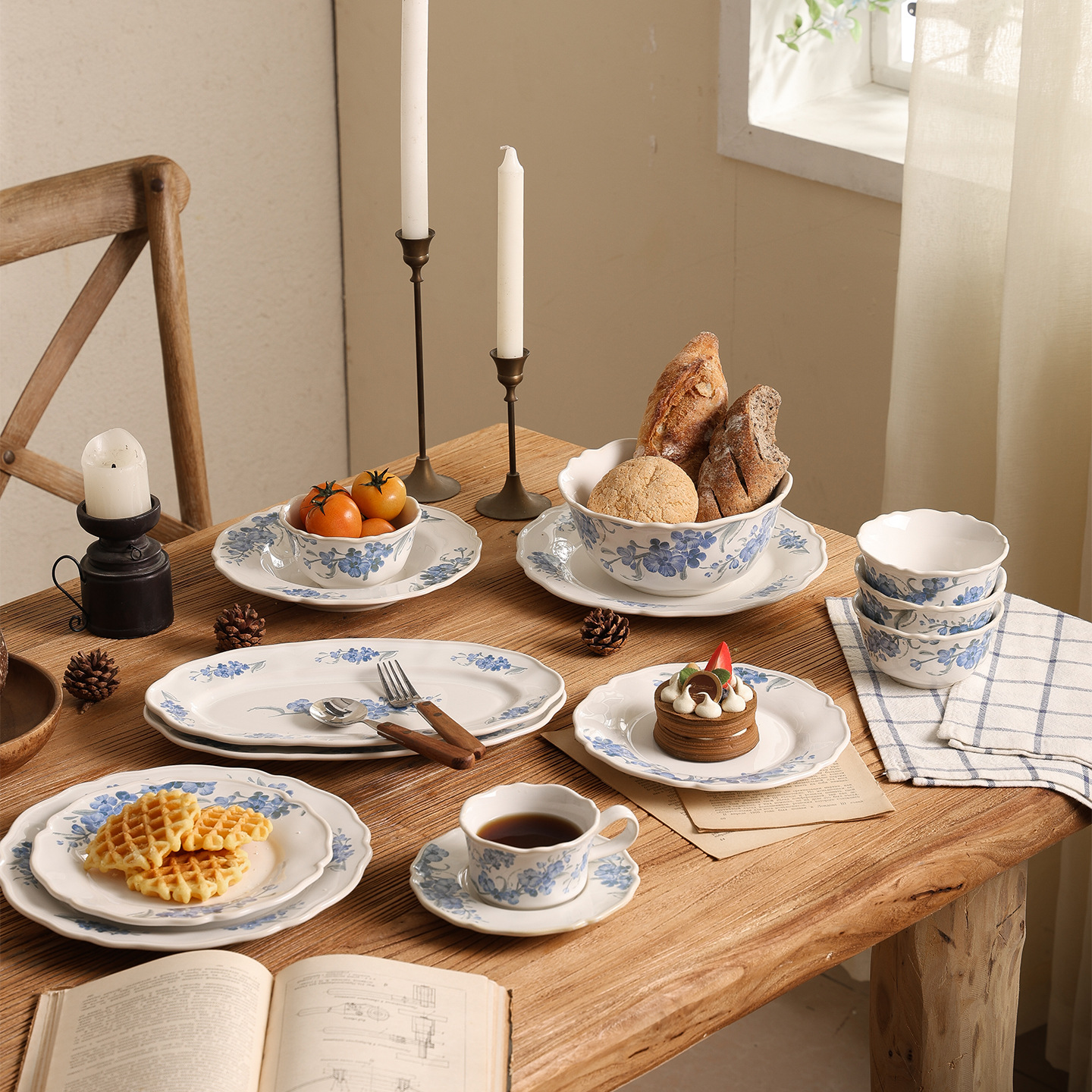 Shang 'en flores retro plato de cerámica de té azul de montaña casero plato de comedor de alto valor plato de té de la tarde esmaltado plato de postre colorido