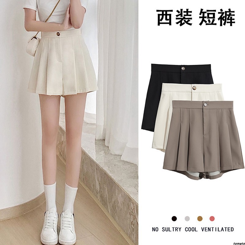 Short pleated suit shorts women's summer thin 150 tall matching casual high waist wide leg A- line skirt pants