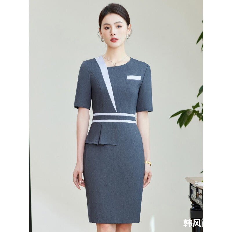2025 New Gray Professional Dress for Women, Short-Sleeved Work Uniform for Hotel Sales Department Reception and Jewelry Store