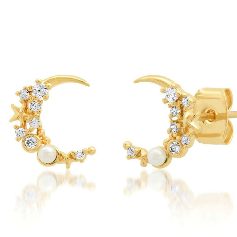 Fashion Star Moon Copper Plating Zircon Ear Studs 1 Pair