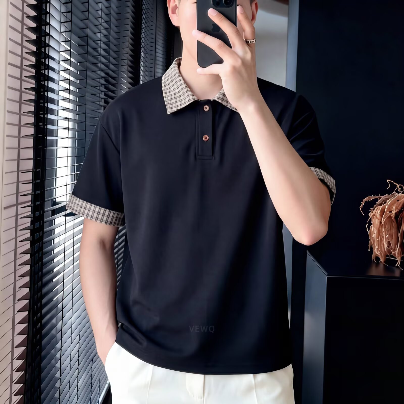 Men's Summer Plaid Patchwork Collared Polo Shirt Short Sleeved American Trendy Brand Versatile Loose Fit T-Shirt for Teenagers_viptrois.com