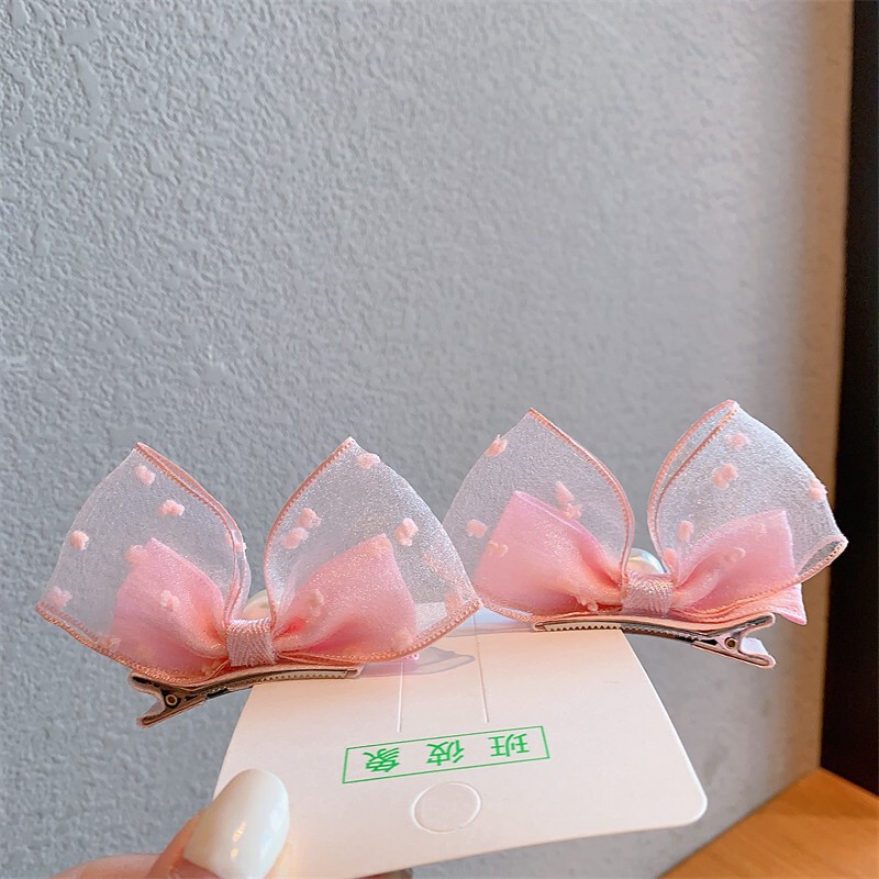 韓国風イミテーションパール立体リボンうさぎ耳ベビー用ヘアクリップ、メッシュ生地の子供用ヘアピン、袋入りヘアクリップ|undefined
