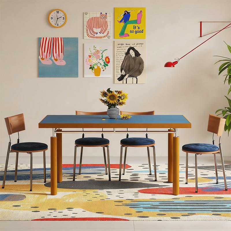 Dopamine-Colored Solid Wood Long Dining Table for Home Use, Suitable for Large and Small Households, Trendy Memphis Blue Desk with Stainless Steel