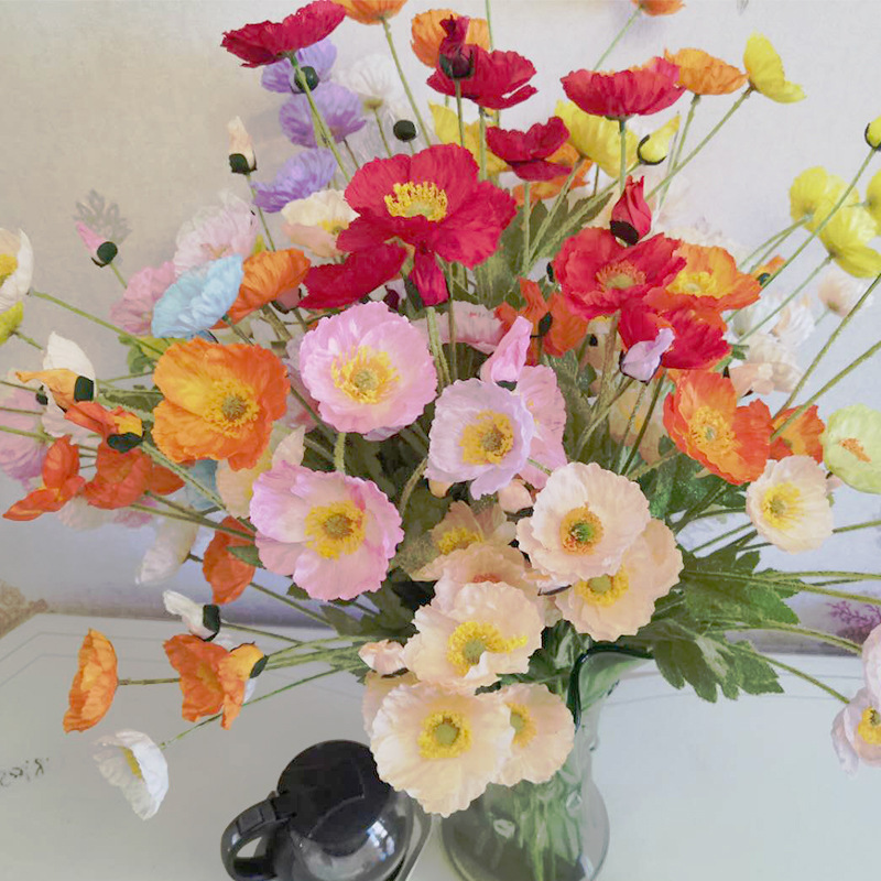 植絨虞美人4頭絹花仿真花罌粟花酒店家具軟裝假花婚禮堂婚慶