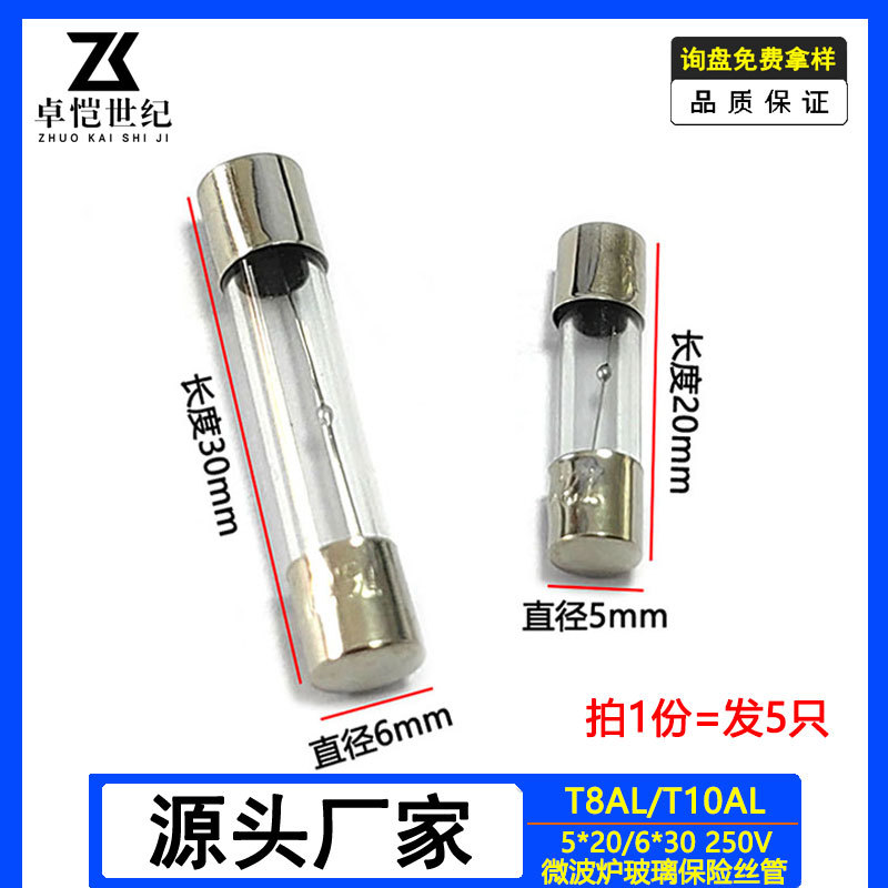 T10A微波炉玻璃保险丝6*30慢熔250v T8AL点锡球延迟保险管5×20mm