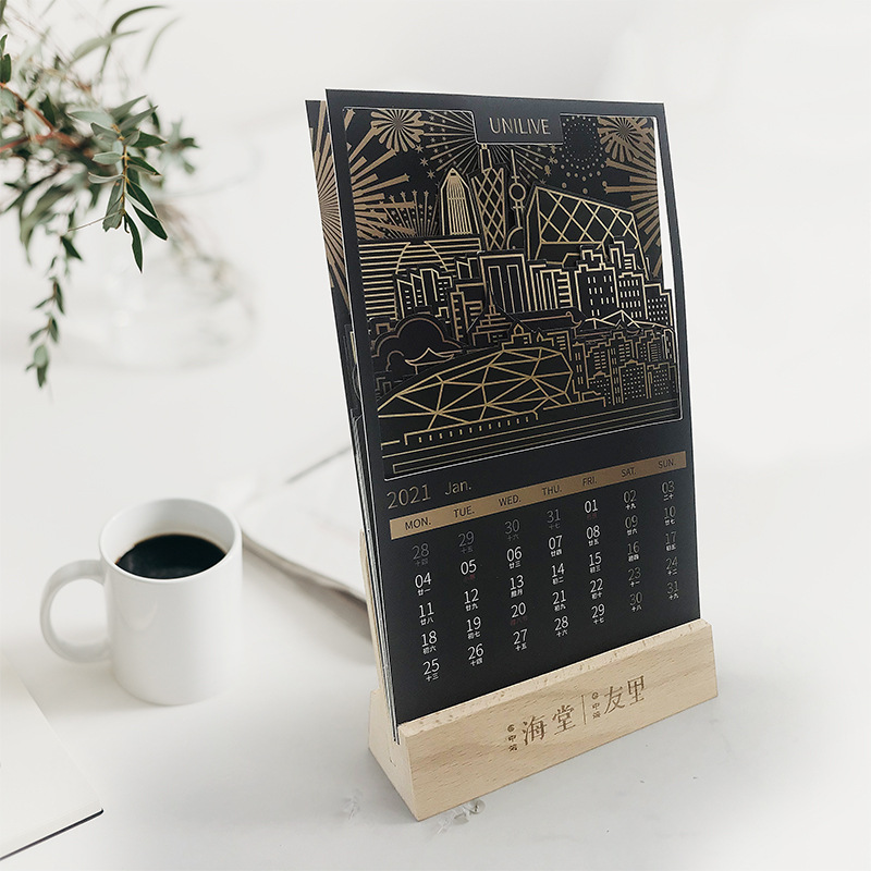 英文台历印刷2026新款木条台历制作企业办公桌历365日历设计印刷