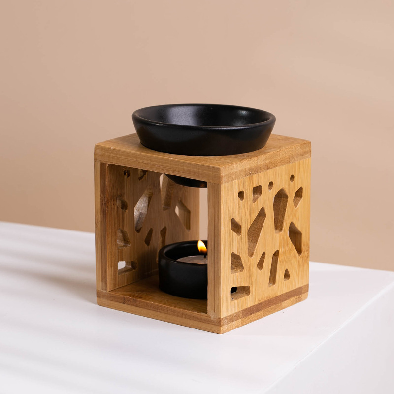 Fábrica directa de cerámica de cera de aceite esencial candelabros de bambú y madera creativos hogares vela soporte de lámpara horno de aroma artesanía adornos