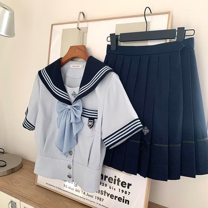 Butterfly Girl Clear Sky Blue Summer Sailor Suit Jk Uniform Skirt Long Short Sleeve Set Female Student College Style Two-Piece Set