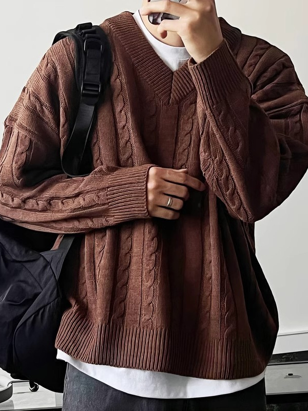 棕色V领麻花纹针织衫男士秋季美拉德复古休闲套头毛衣慵懒打底衫|undefined