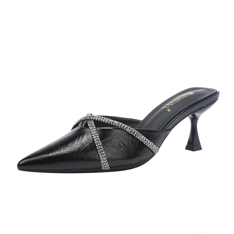 2025 nuevo tipo de verano con zapatillas de tacones delgados de tacones altos para mujeres con punta de cabeza de bolsillo de media zapatillas con diamante
