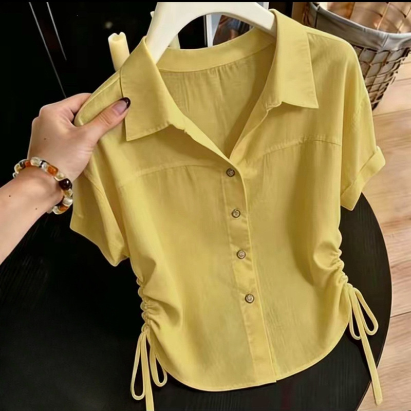 382 New Summer Style Yellow Lapel Short-Sleeved Shirt for Women with Niche Design and Versatile Slimming Effect in Blue