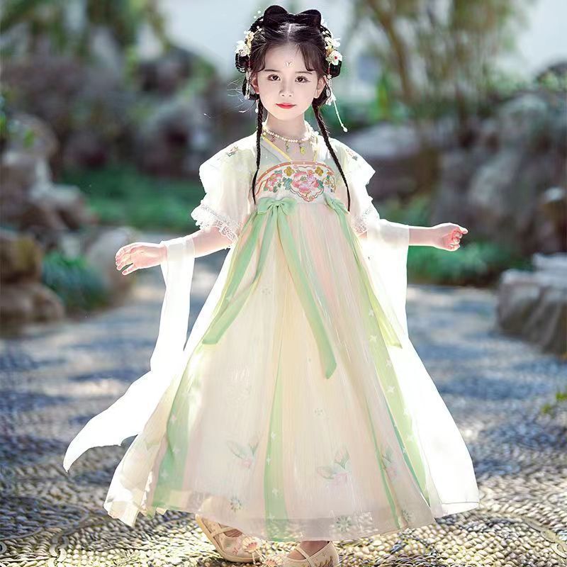 Children's Hanfu Tang Dynasty New Trendy Summer Short-Sleeve Ancient Costume Chinese Style Princess Dress for Girls