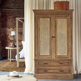 法式实木复古做旧双门柜卧室储物柜藤艺橡木衣橱收纳柜可定制