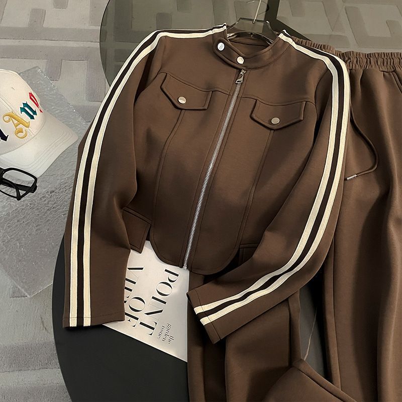 Korean Style Women's Zip-Up Hoodie & Jogger Pants Set - Casual Sporty Outfit (S-2XL, Black/Brown)_ecoleips.com