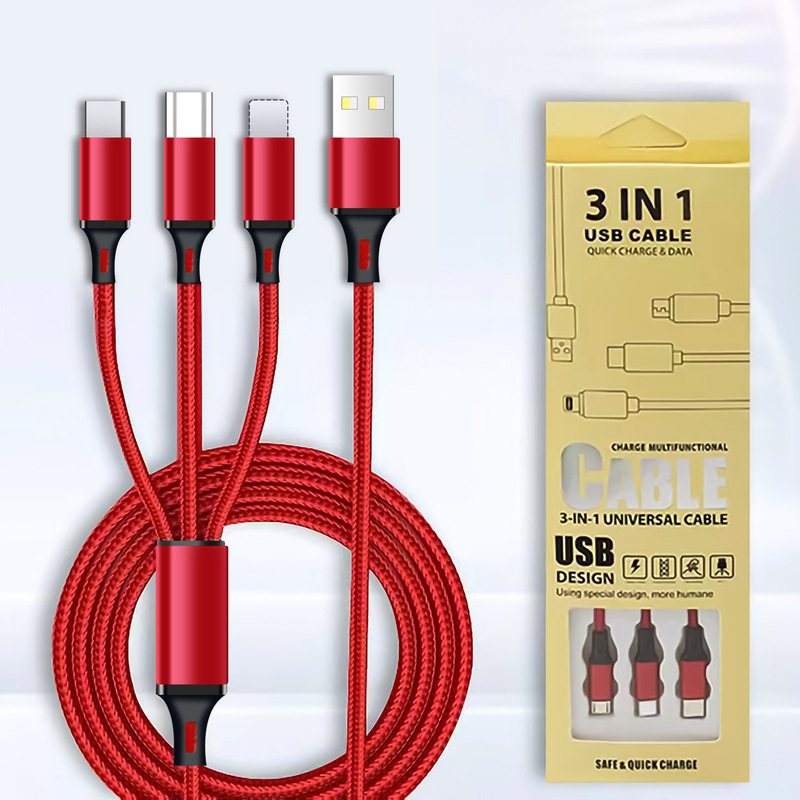 Nylon braid line one drag three data line multi-head 2A fast charging three-in-one mobile phone charging line laser logo wholesale Nylon braid line one drag three data line multi-head 2A fast charging three-in-one mobile phone charging line laser logo wholesale
