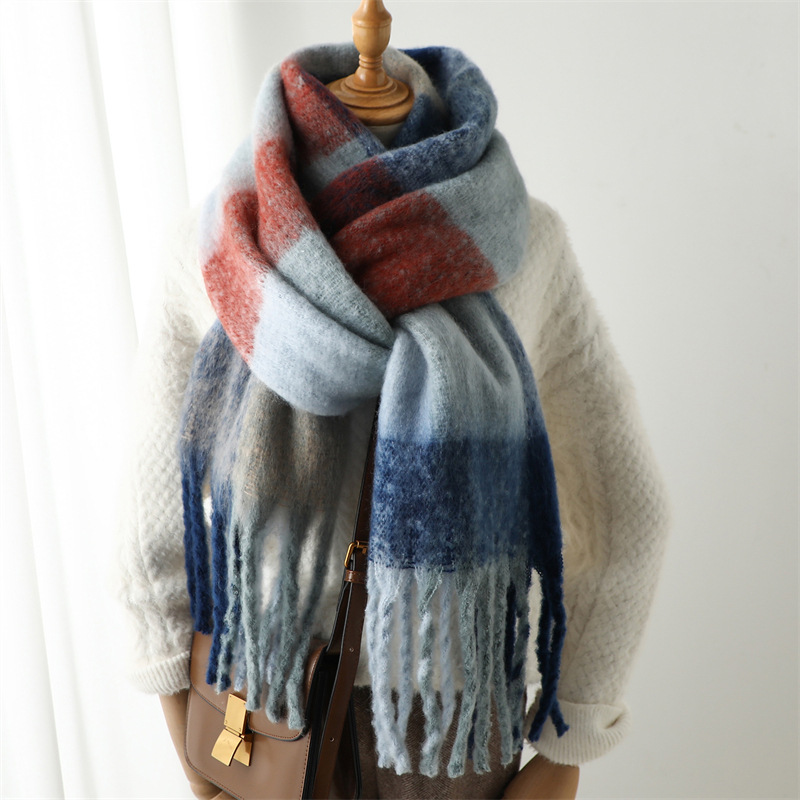 Sciarpa da donna alla moda invernale imitazione cashmere filato ad anello addensato calore scialle arcobaleno pannello scozzese nappe_voghion.com