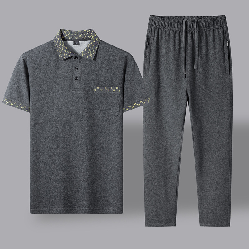 Papá verano algodón casual set hombre de manga corta de mediana edad suelta polo casual con solapa abuelo pantalones largos