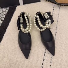 2026年春款牛皮平跟小香珍珠链尖头拼色后空单鞋玛丽珍女鞋