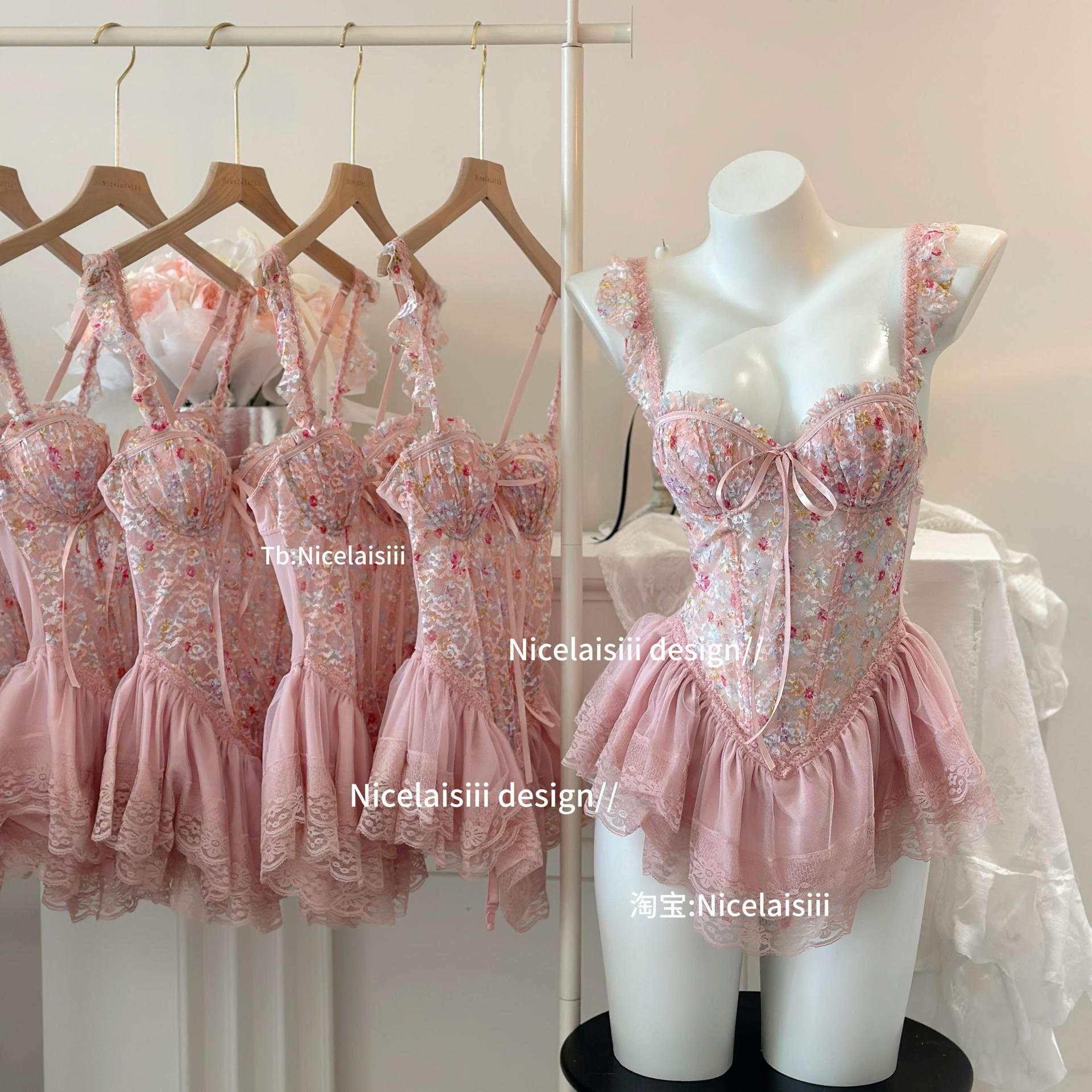 Nicelaisiii Sweet Barbie Floral Print Sweet Fishbone Bra with Breast Pad Slimming Push-Up Sexy Pajamas