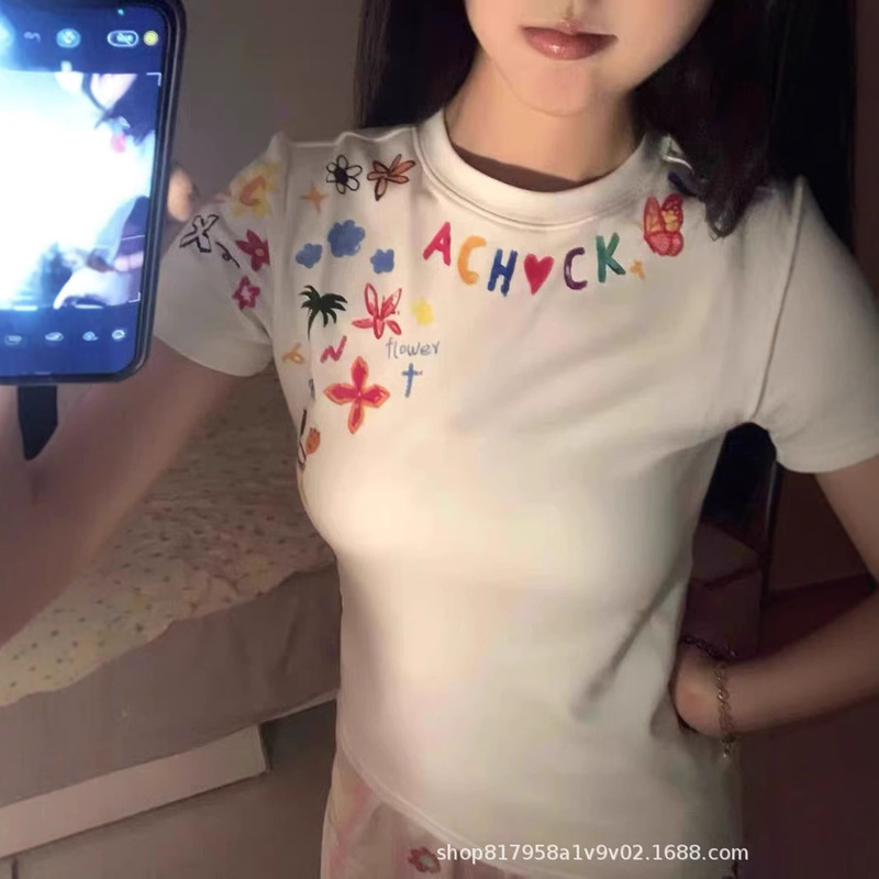 American Hot Girl Right Shoulder Graffiti Letter Short-Sleeved T-Shirt Women's Summer New Slimming Look White Short Top Ins