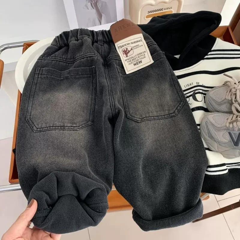 男童一体绒牛仔裤秋冬装2025新款儿童韩版宽松裤子中小童柔软长裤