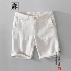 夏季新款亚麻短裤男夏跨境现货沙滩短裤男士休闲裤直筒五分裤子男