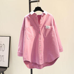 Autumn New Style Shirt Women's Long-sleeved Simple Korean-style Solid Color Loose Padded Smiley Face Double Pocket Outer Cardigan Shirt for Women