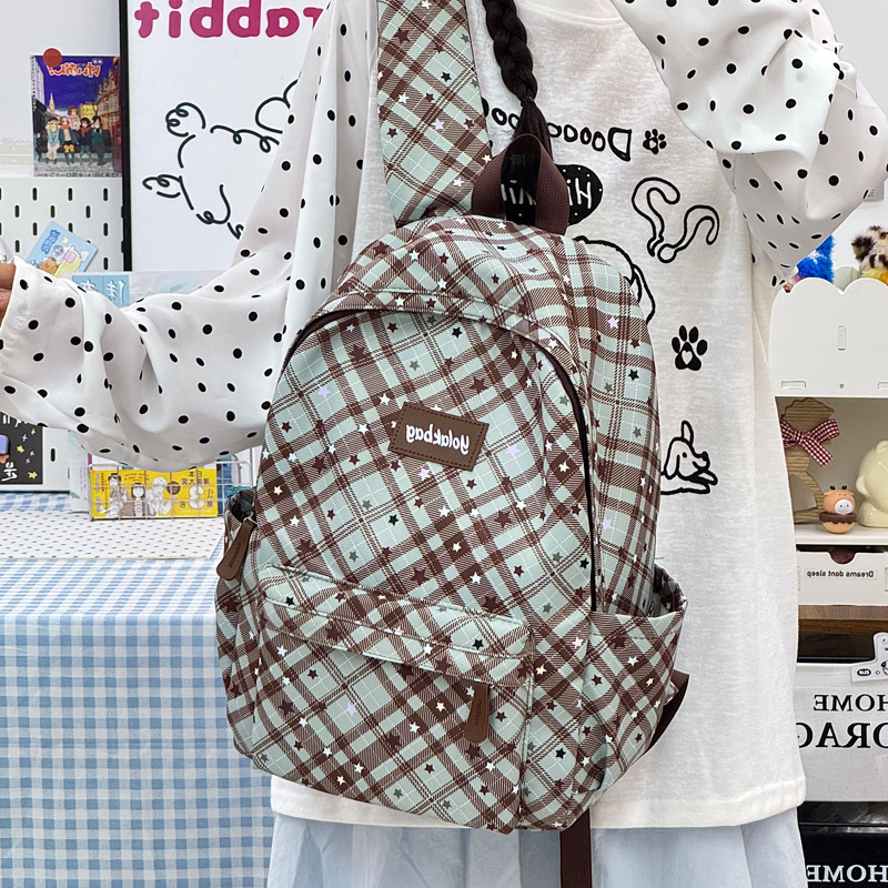 Sweet and cool backpack, fashionable and versatile, large capacity, suitable for commuting, high aesthetic appeal, plaid and star print, suitable for middle and high school students