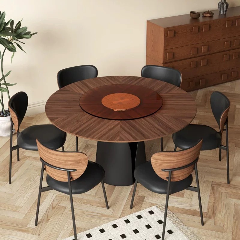 Mesa de comedor redonda de madera sólida retro, madera de nuez negra, mosaico medieval, estilo americano, mesa redonda doméstica pequeña con mesa giratoria